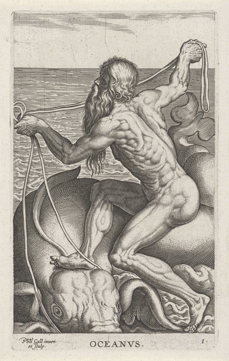 Deus do mar Oceanus
Oceanvs (título sobre o objecto)
Deuses do rio e do mar (título da série)
Semideorum Marinorum amnicorumque sigillariae imagines perelegantes (título da série) de Philips Galle