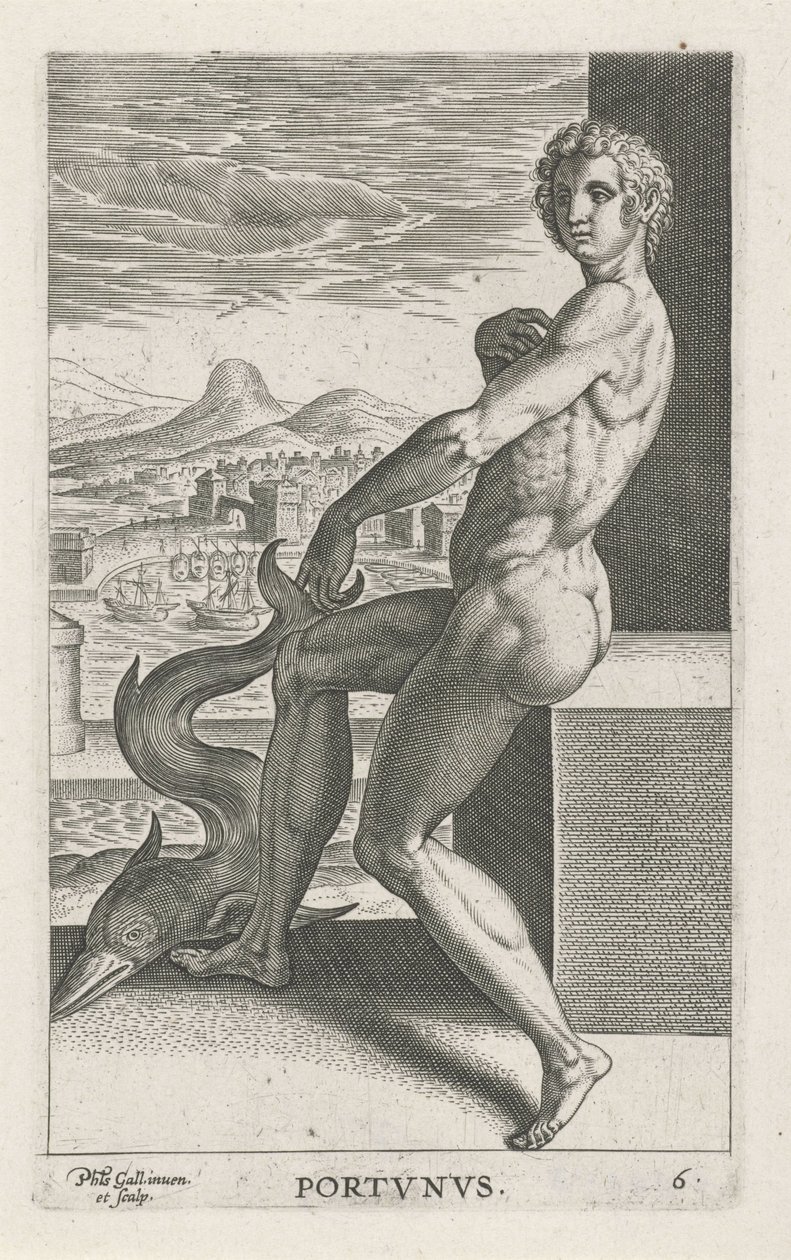 Deus do mar Portunus
Portvnvs (título sobre o objecto)
Deuses do rio e do mar (título da série)
Semideorum Marinorum amnicorumque sigillariae imagines perelegantes (título da série) de Philips Galle