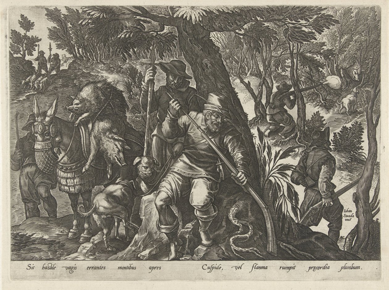 Caça ao javali com armas
Cenas de caça (título da série)
Em quibus omne genus venationis, aucupij, piscatusque (título da série) de Philips Galle