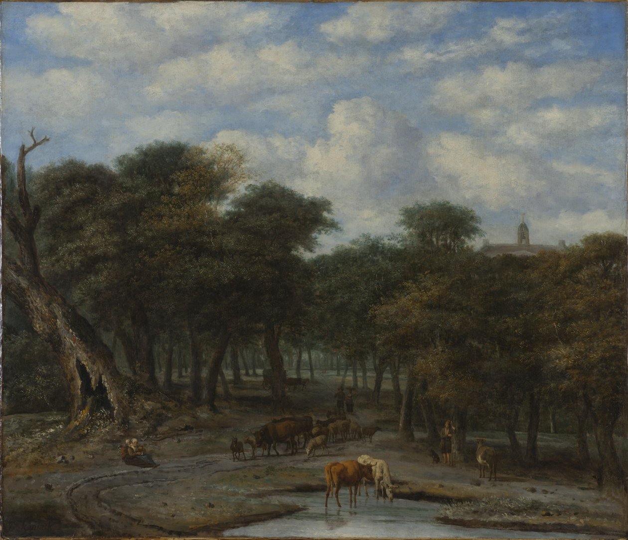 Clareira na floresta com gado de Philips Koninck