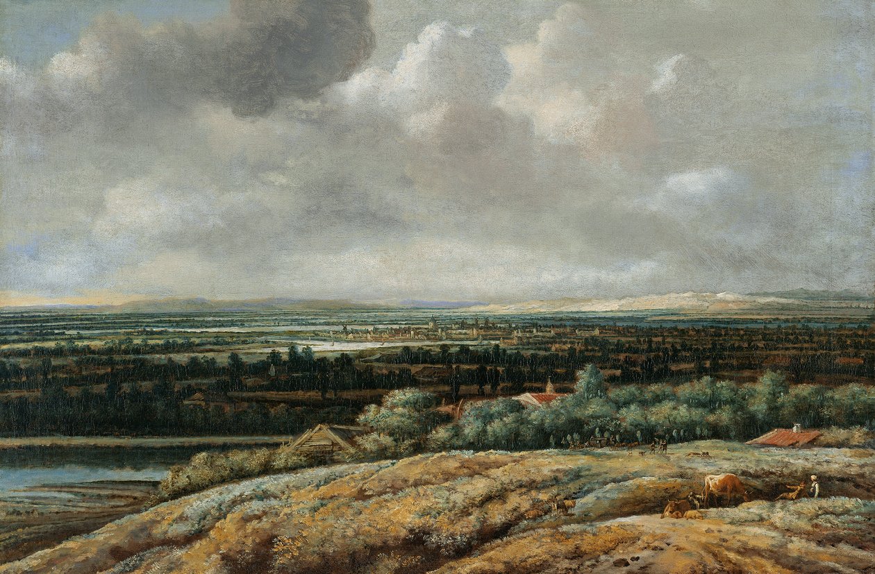 Paisagem panorâmica com uma cidade em fundo de Philips Koninck