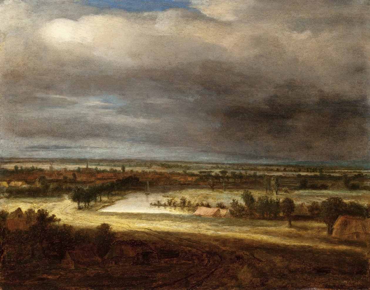 Paisagem panorâmica com uma aldeia de Philips Koninck