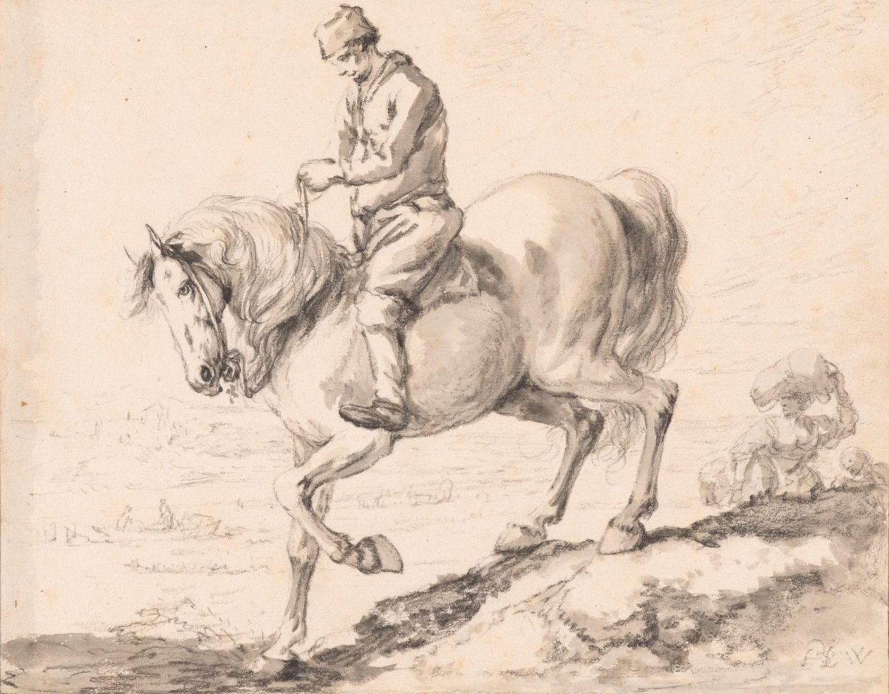 Um cavaleiro atravessa um ribeiro com o seu cavalo de Philips Wouwerman