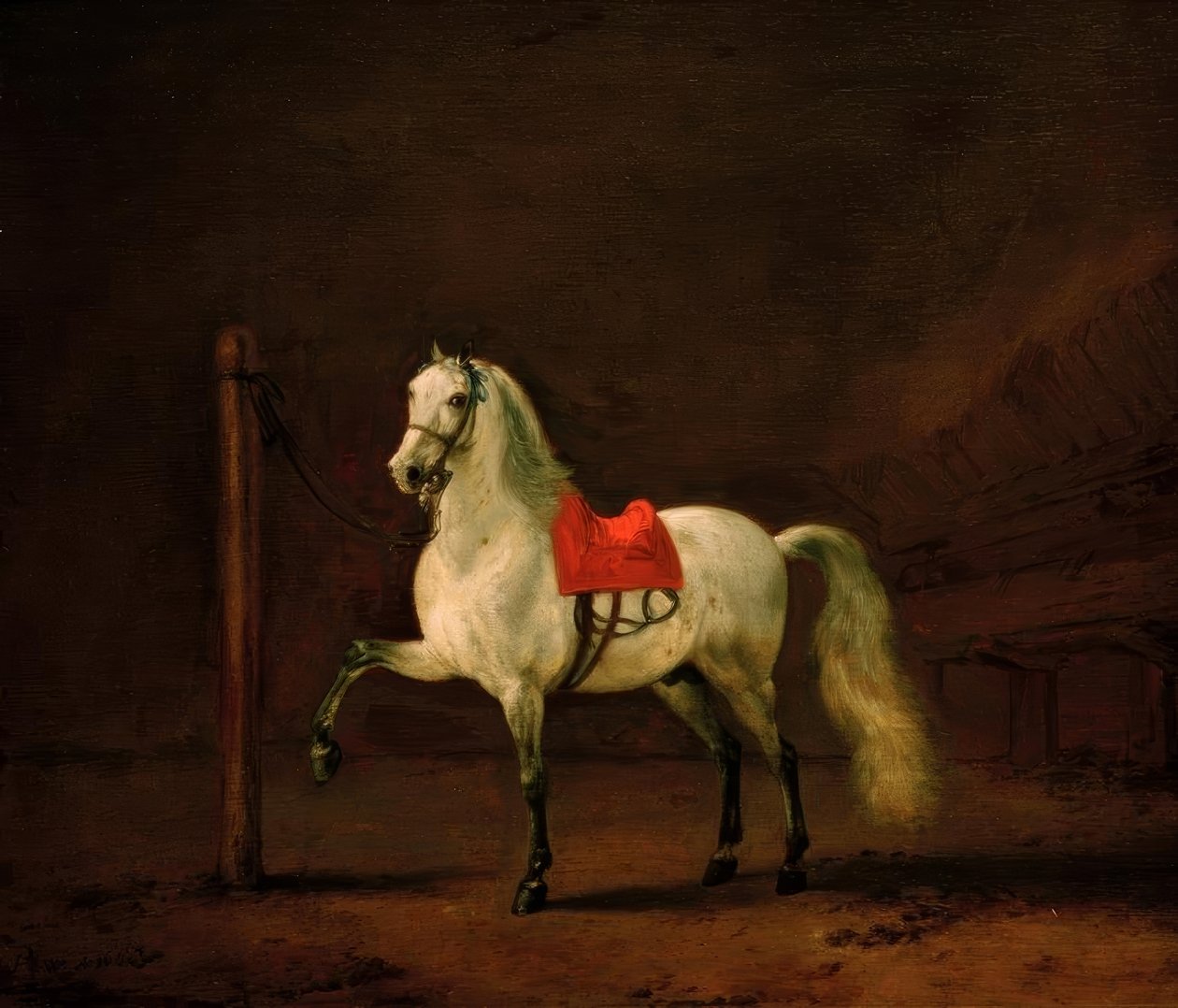 Um cavalo branco no estábulo de Philips Wouwerman