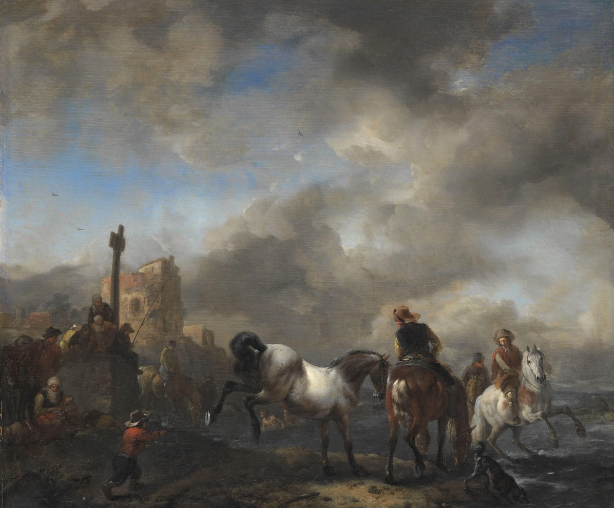 Horsepond perto de uma pedra de fronteira de Philips Wouwerman
