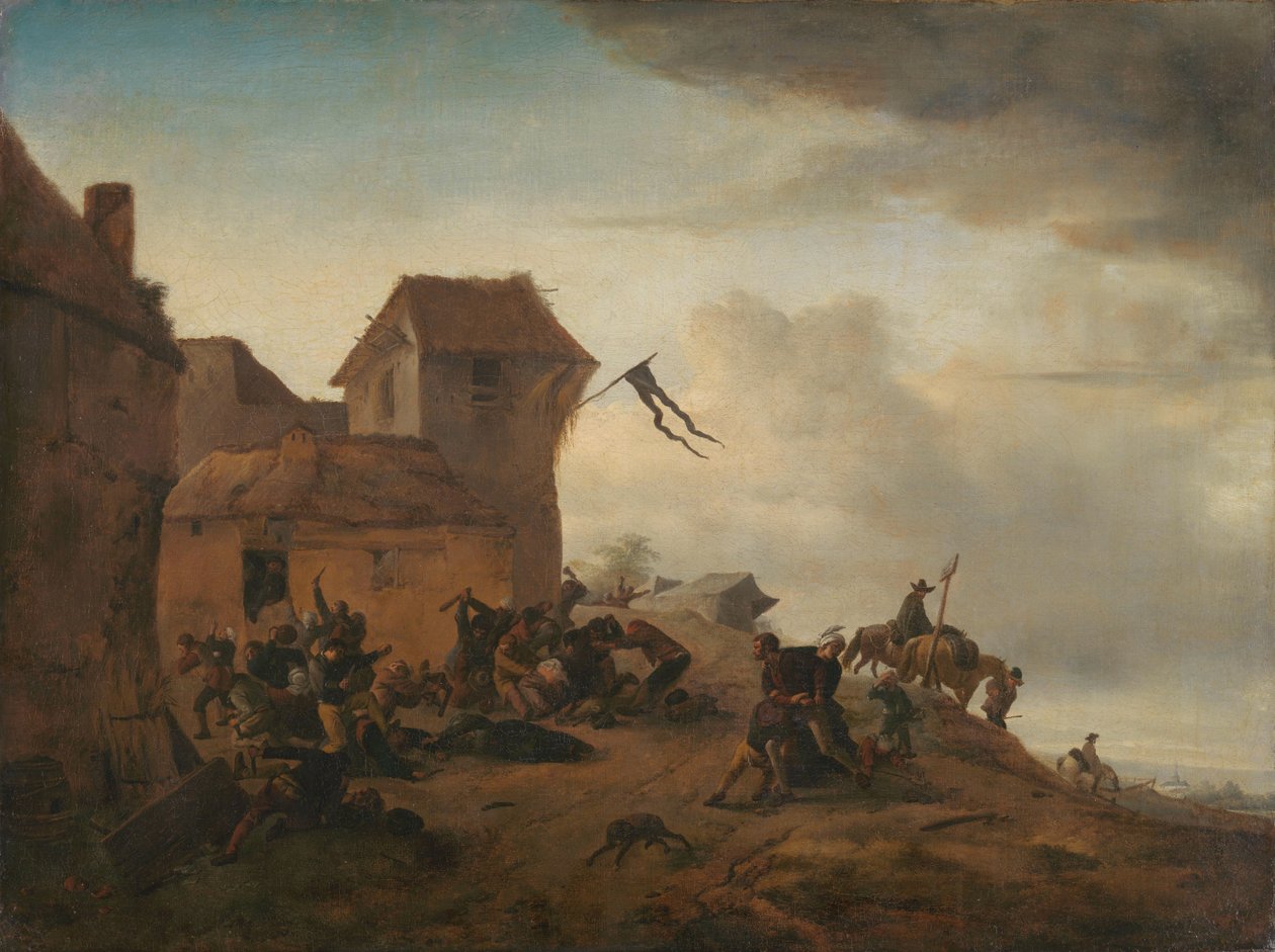 Camponeses lutando perto de uma vila de Philips Wouwerman