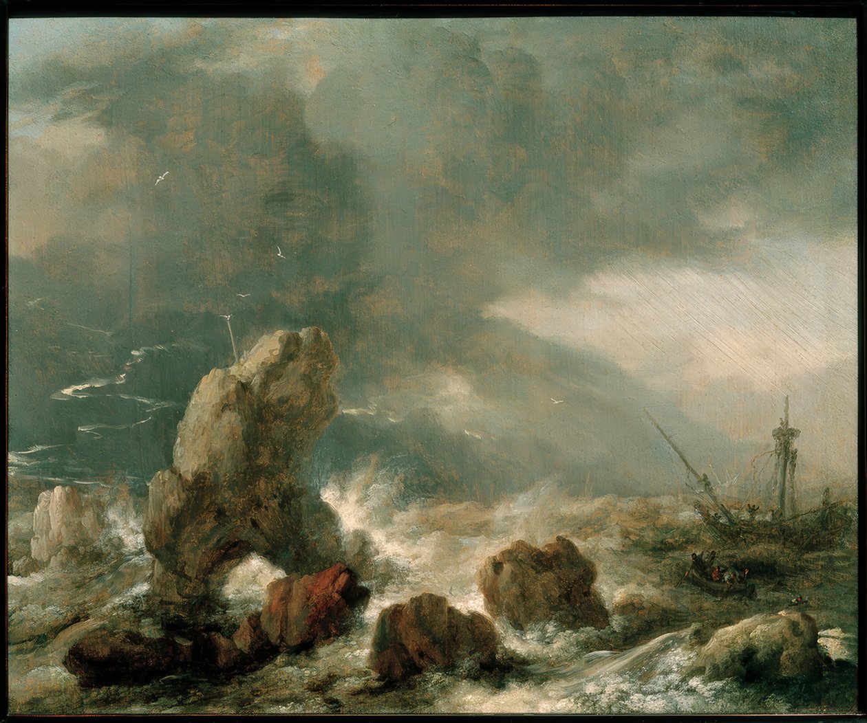 Mar tempestuoso com três navios em perigo de Philips Wouwerman