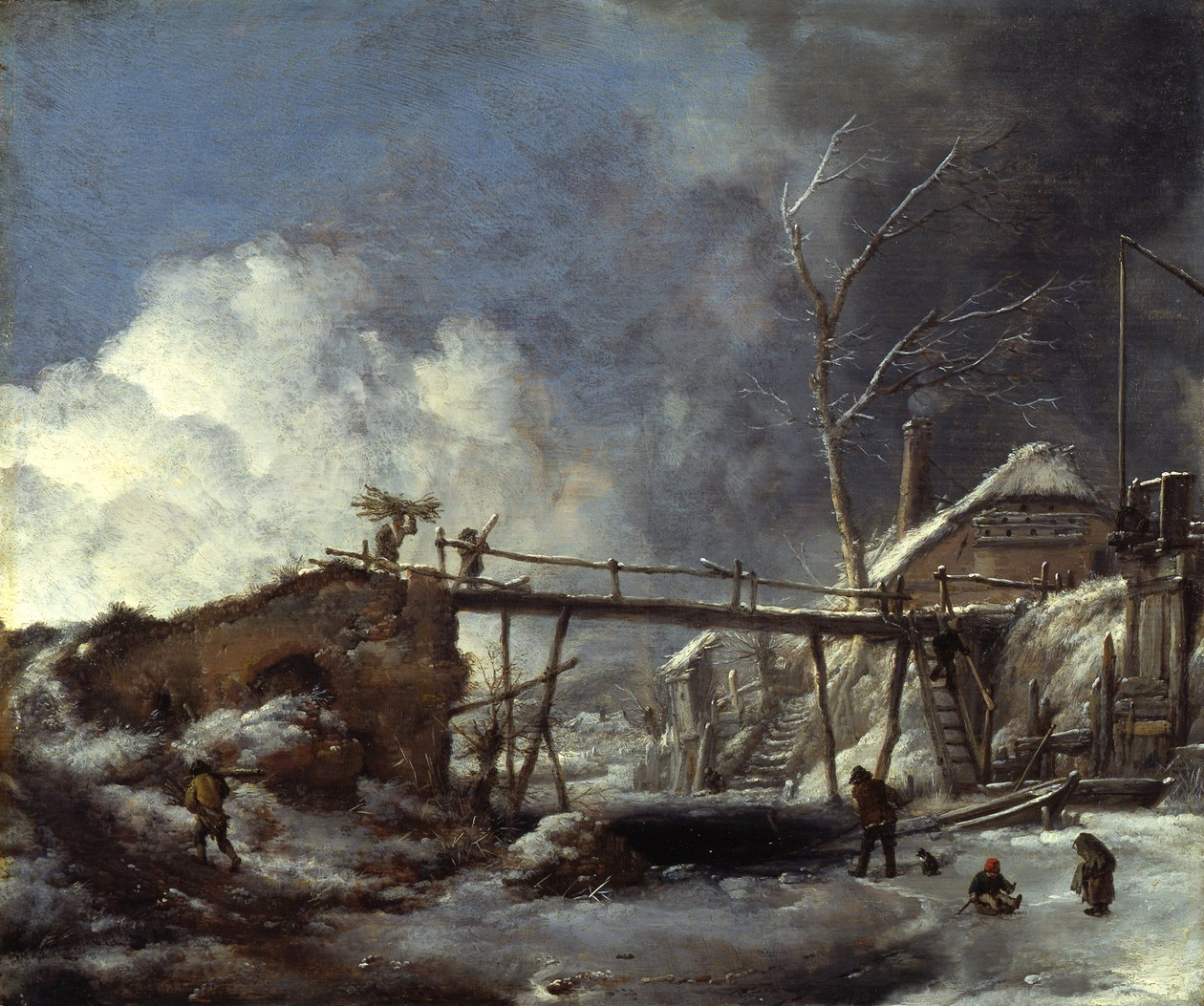 Paisagem de inverno com passadiço de madeira de Philips Wouwerman