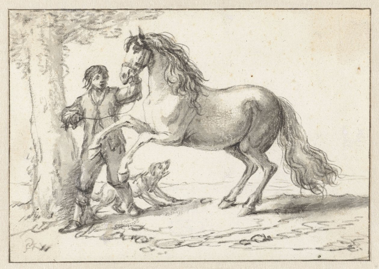 Jovem a segurar um cavalo de guarda pela sua cabeçada, assustado por um cão a ladrar de Philips Wouwerman