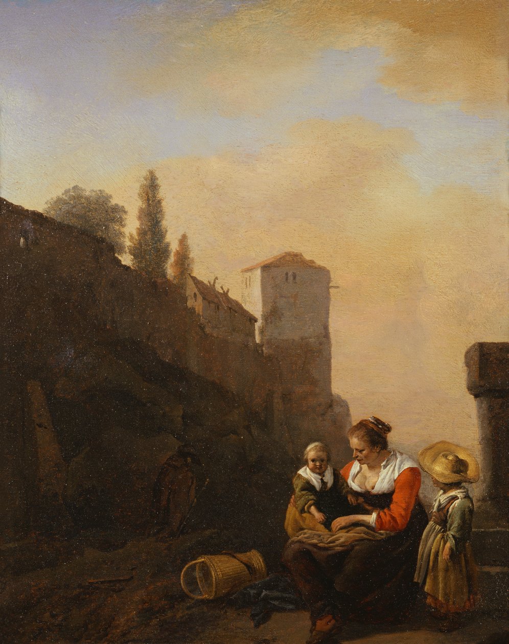 Um camponês e duas crianças descansando em frente de uma Torre em Itália (óleo sobre tela) de Philips Wouwermans or Wouvermans