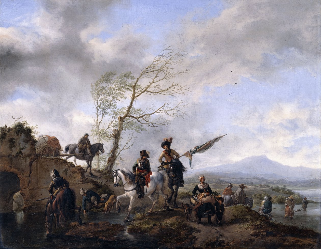 Uma extensa paisagem fluvial com soldados e um portador comum regando seus cavalos, de Philips Wouwerman