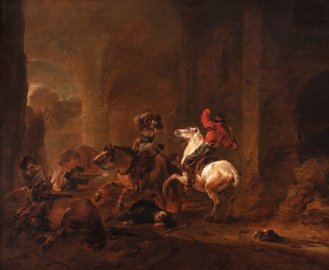 Bandidos emboscam viajantes num caminho entre ruínas, c.1635-50 (óleo sobre painel) de Philips Wouwermans or Wouwerman