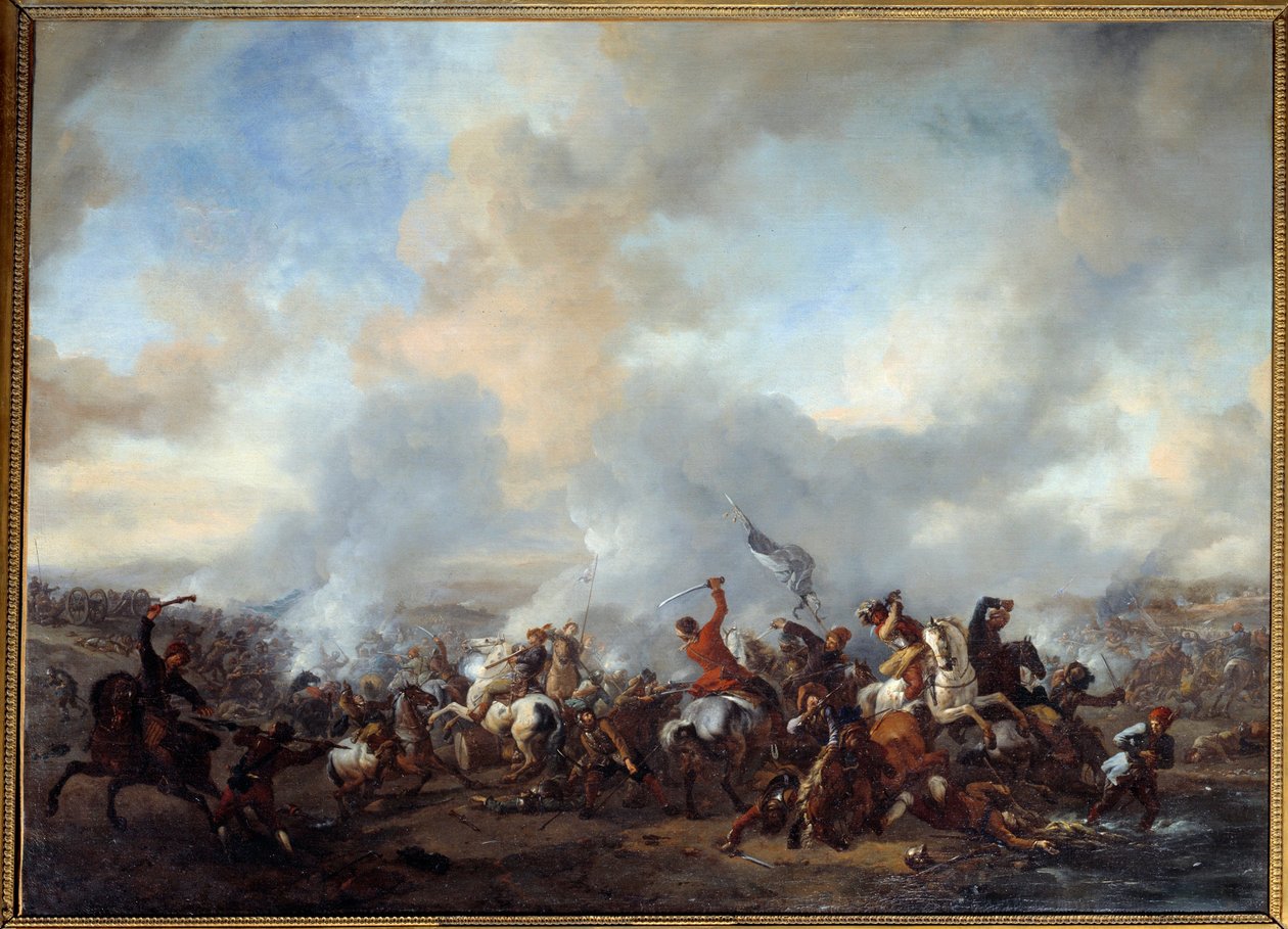 Grande combate de cavaleiros e infantaria Pintura por Philips Wouwerman (1619-1668) 17th Century Sun. 0,99x1,35 m de Philips Wouwermans or Wouwerman