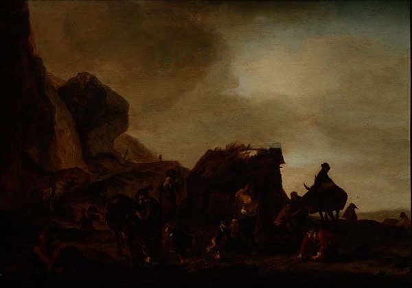Viajantes e mendigos junto a uma cabana em ruínas de Philips Wouwermans or Wouwerman