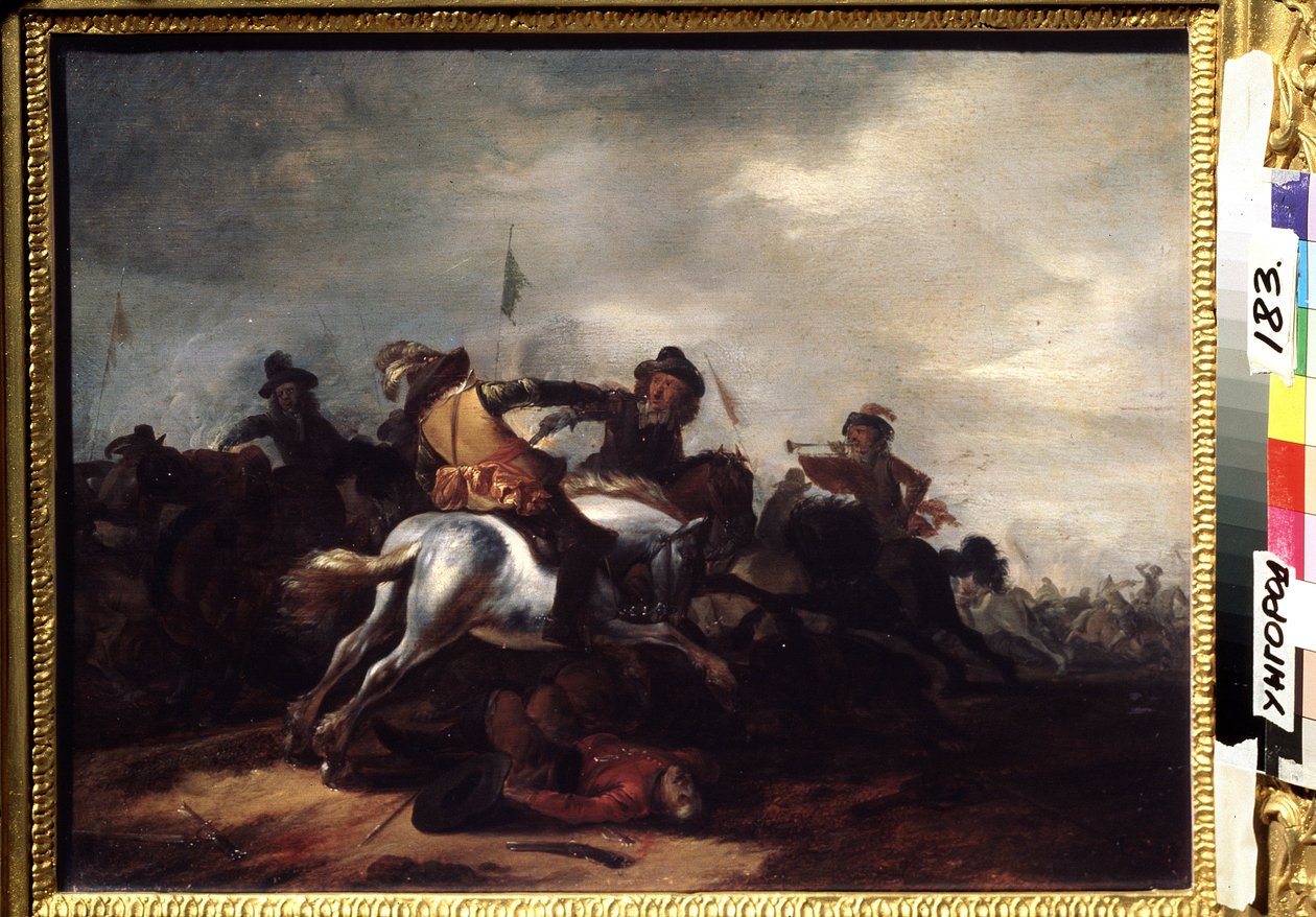 Une bataille (Uma batalha). Peinture de Philips Wouwerman (1619-1668). Huile sur bois, 31 x 41 cm. art flamand, art barroco. Museu Regional de Arte, Uzhgorod (Ucrânia). de Philips Wouwermans or Wouwerman