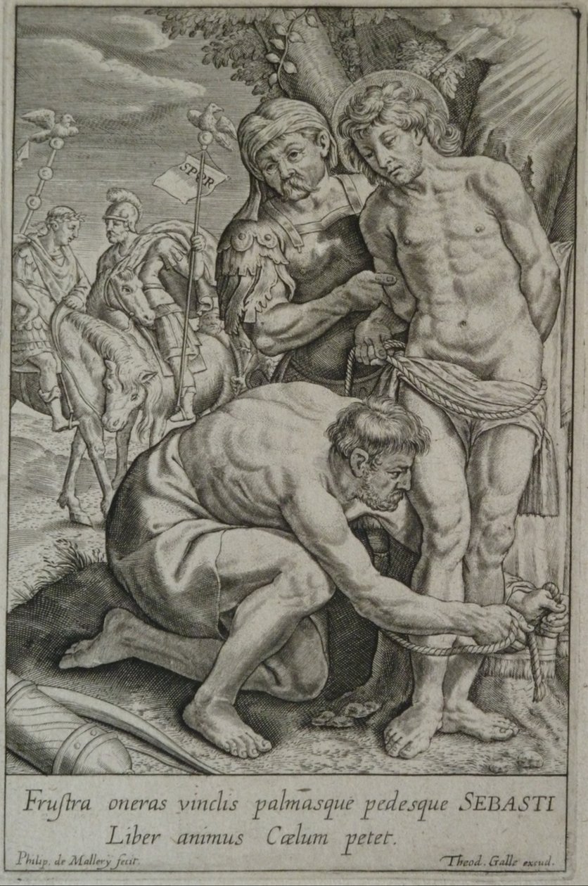 São Sebastião é amarrado a uma árvore por dois soldados de Philips van Mallery