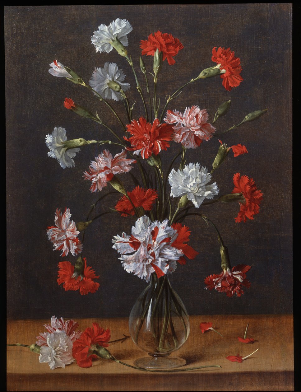 Um ramo de cravos numa jarra de vidro, c.1600-1700 (óleo sobre painel) de Phillipe de Marlier
