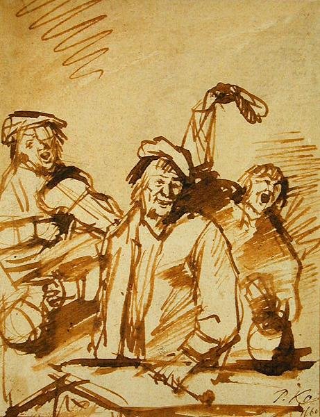 Três jovens alegres, 1660 (caneta e tinta marrom no papel) de Phillips de Koninck