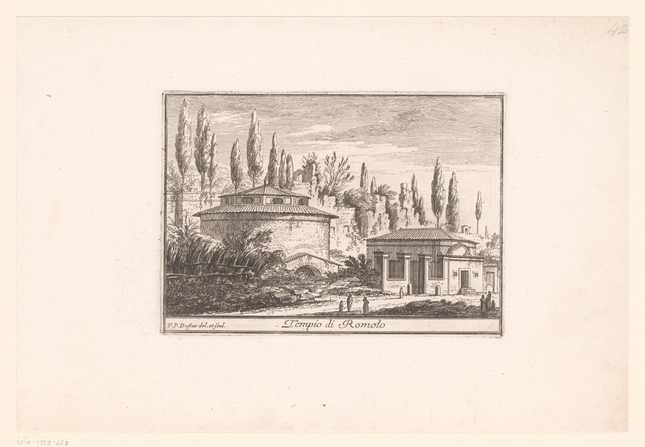 Vista do Templo de Rómulo
Tempio di Romolo (título sobre o objecto)
Vistas da Roma antiga e moderna (título da série)
Varie Vedute di Roma Antica, e Moderna (título da série) de Philothée Francois Duflos