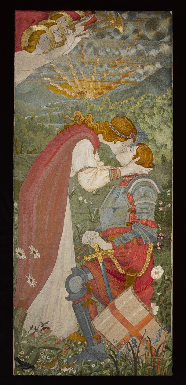 St. George In Armor Be Beijado Por Una, 1914 (bordado com sedas e ouro) de Phoebe Anna Traquair