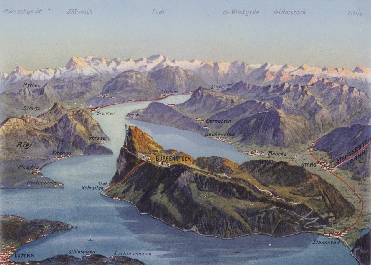 Burgenstock e o Lago Lucerna (fotografia a cores) de Photographer Swiss