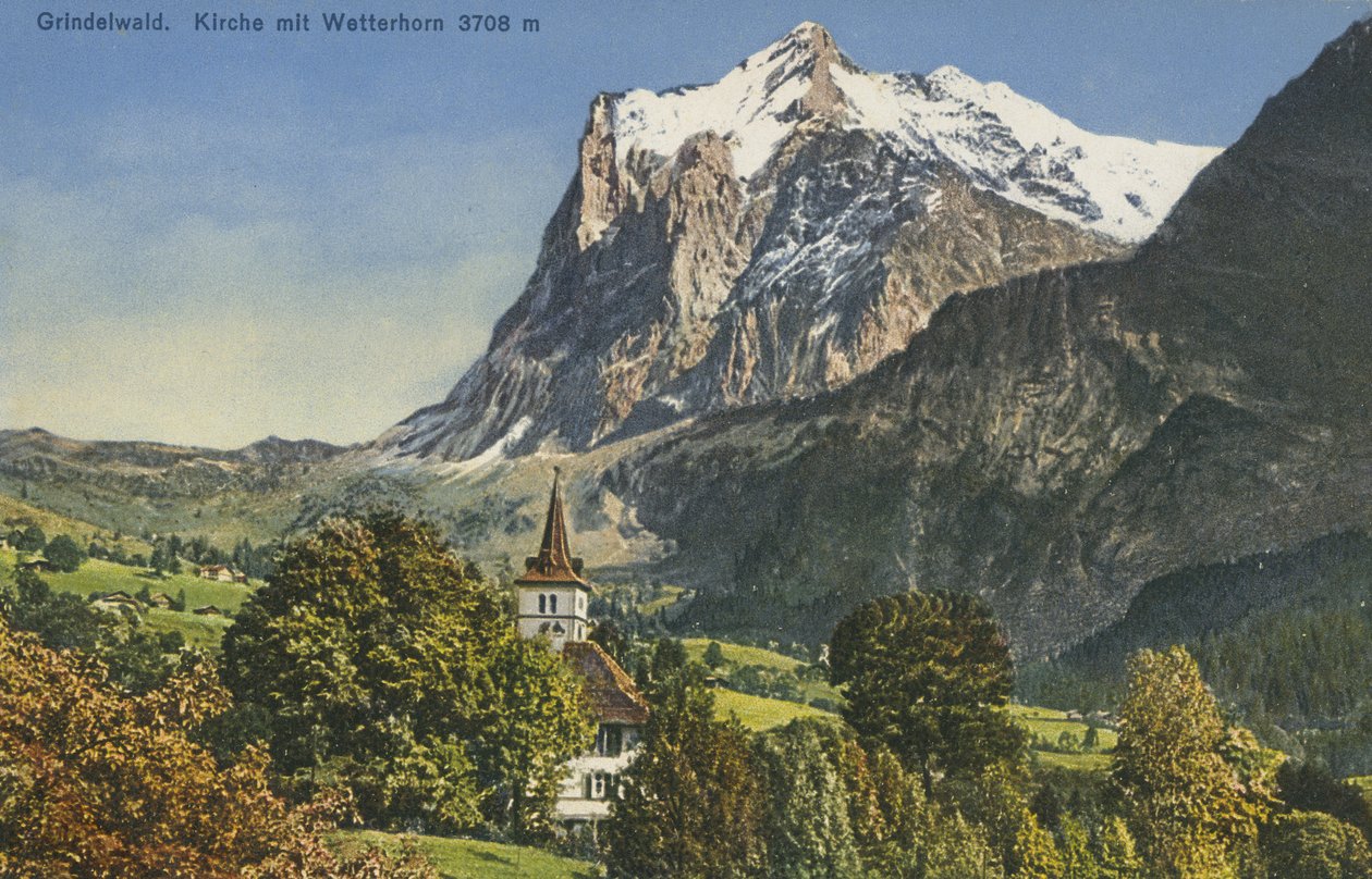 Igreja de Grindelwald e Wetterhorn, Suíça (fotografia a cores) de Photographer Swiss