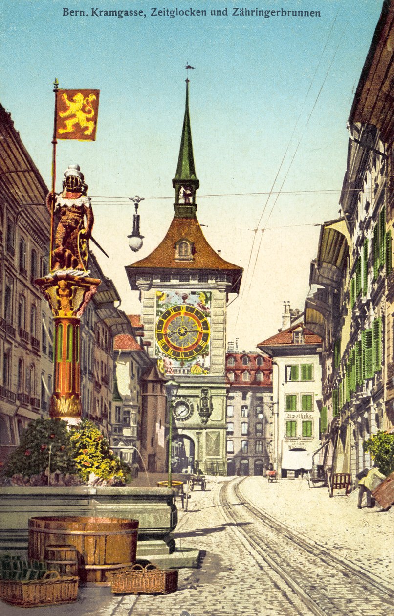A torre do relógio Zytglogge e a fonte Zahringerbrunnen, Kramgasse, Berna Suíça (fotografia a cores) de Photographer Swiss