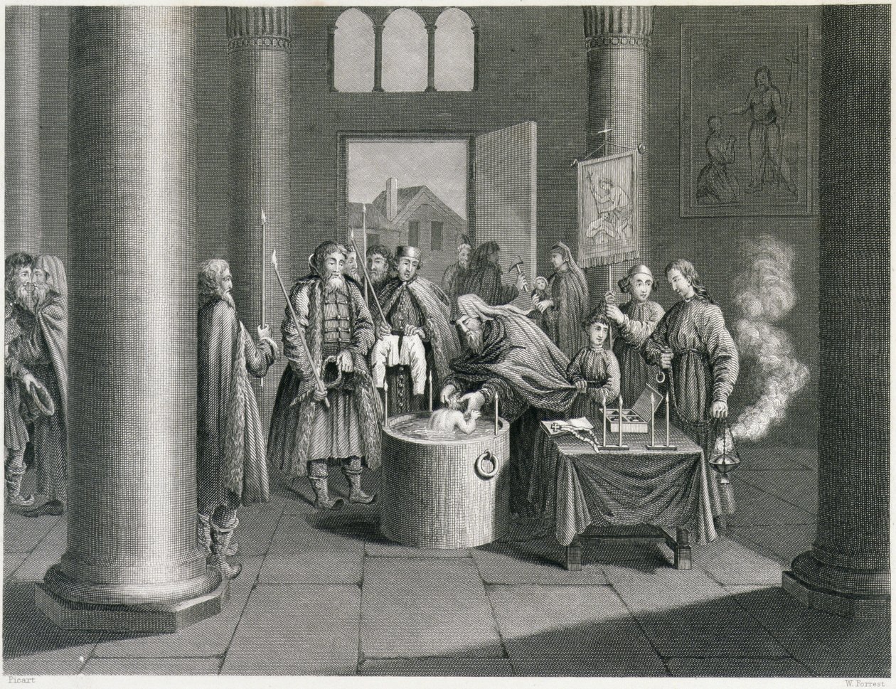 Batismo De acordo com a Igreja Grega na Rússia, gravada por W. Forrest, de &39;World Religion&39;, publicado por A. Fullarton und Co. de Picart