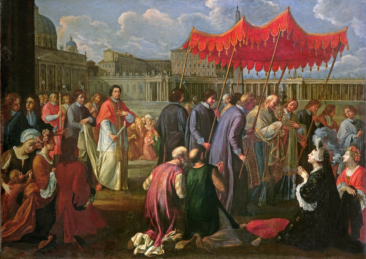 Papa Clemente XI (1649-1721) em uma procissão na Praça de São Pedro, Roma de Pier Leone Ghezzi