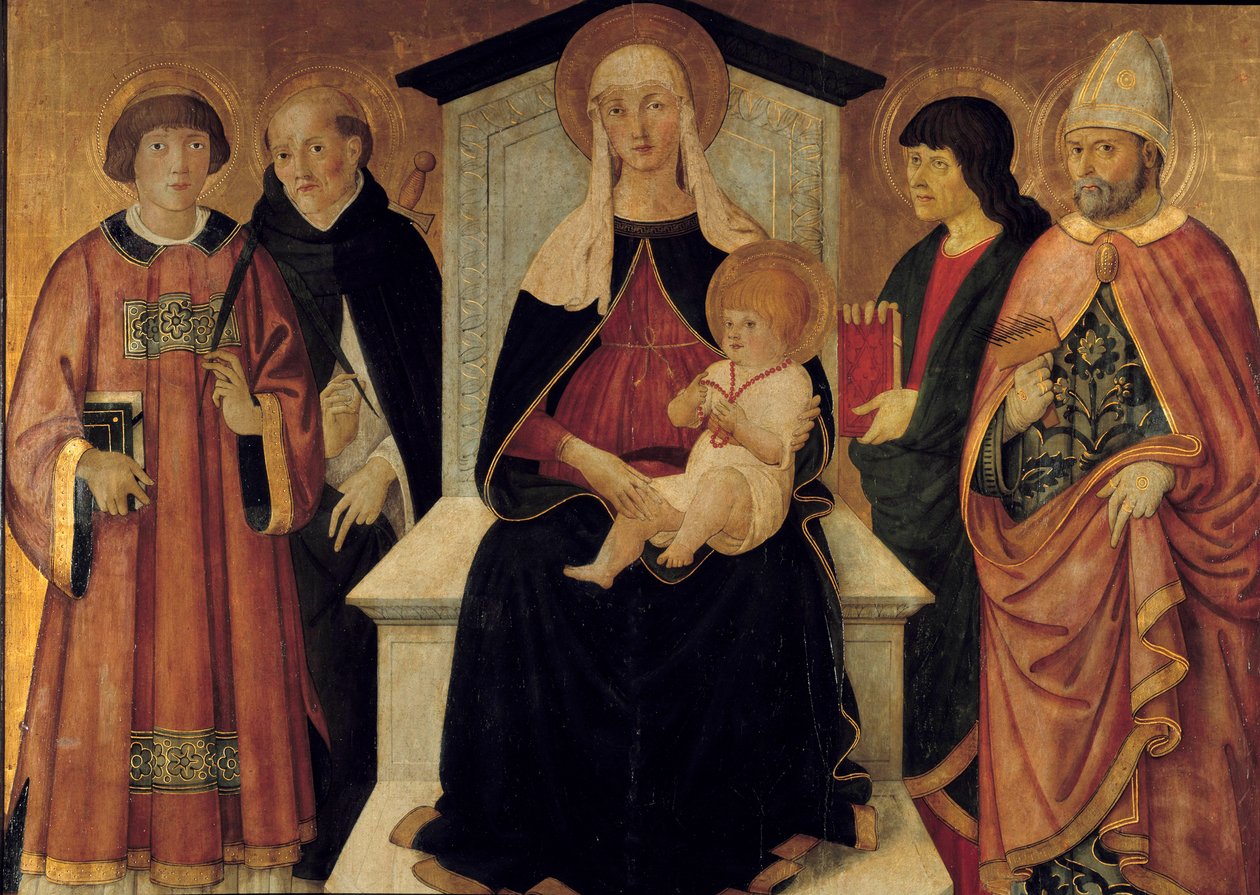 A Virgem e o Menino A Virgem está rodeada por São Lourenço diácono, São Pedro, São João, São Blaise de Sebaste. Altarpiece by Pier Francesco Fiorentino (activo por volta de 1475-1500) 1490. Sol. 132x143 m. Avignon, Musee du Petro Palais. de Pier Francesco Fiorentino