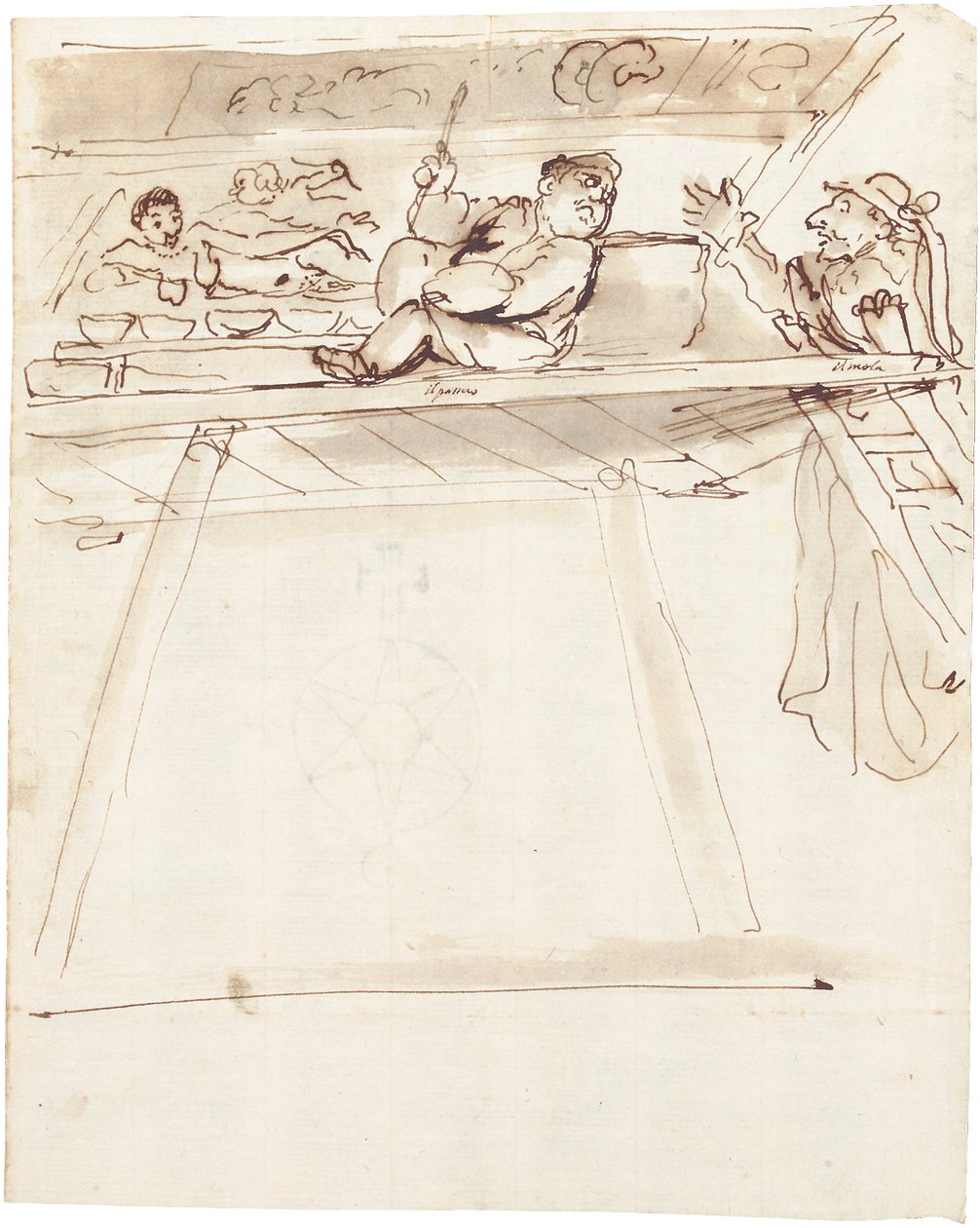 Uma caricatura de Pier Francesco Mola interrompendo Giovanni Battista Passeri pintando uma decoração de teto de uma Vênus reclinada de Pier Francesco Mola