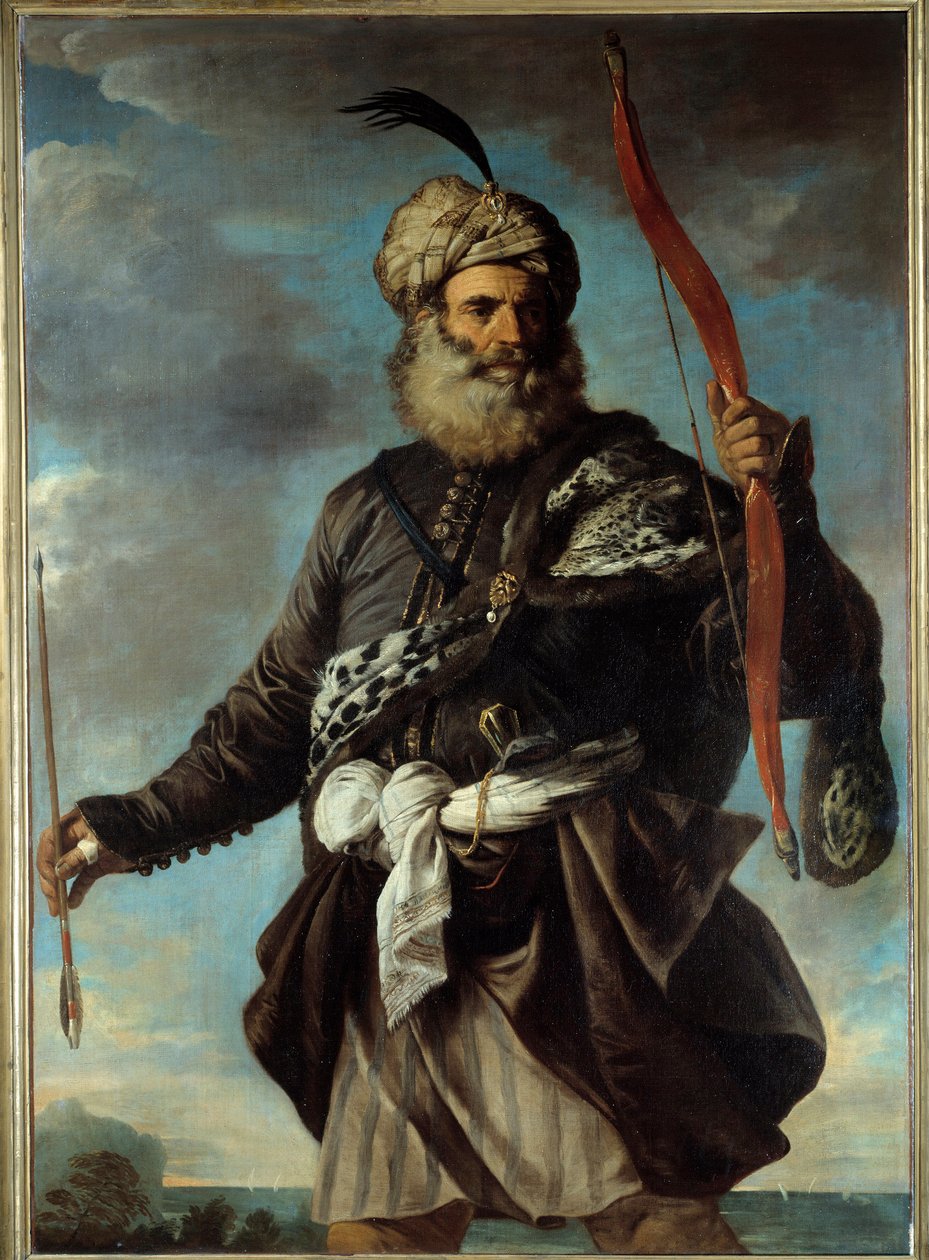 Figura de um guerreiro oriental segurando um arco. Pintura de Pier Francesco Mola (1612-1666) de Pier Francesco Mola