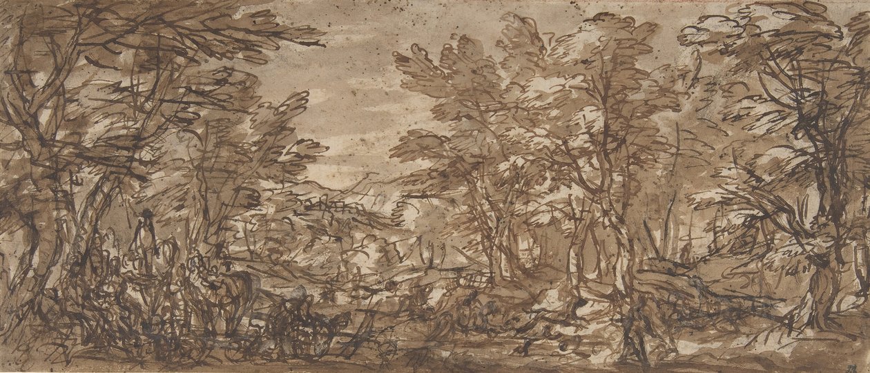 Forest Scene, a Halt at the Left, a Hunt at the Center, 1612-66. de Pier Francesco Mola