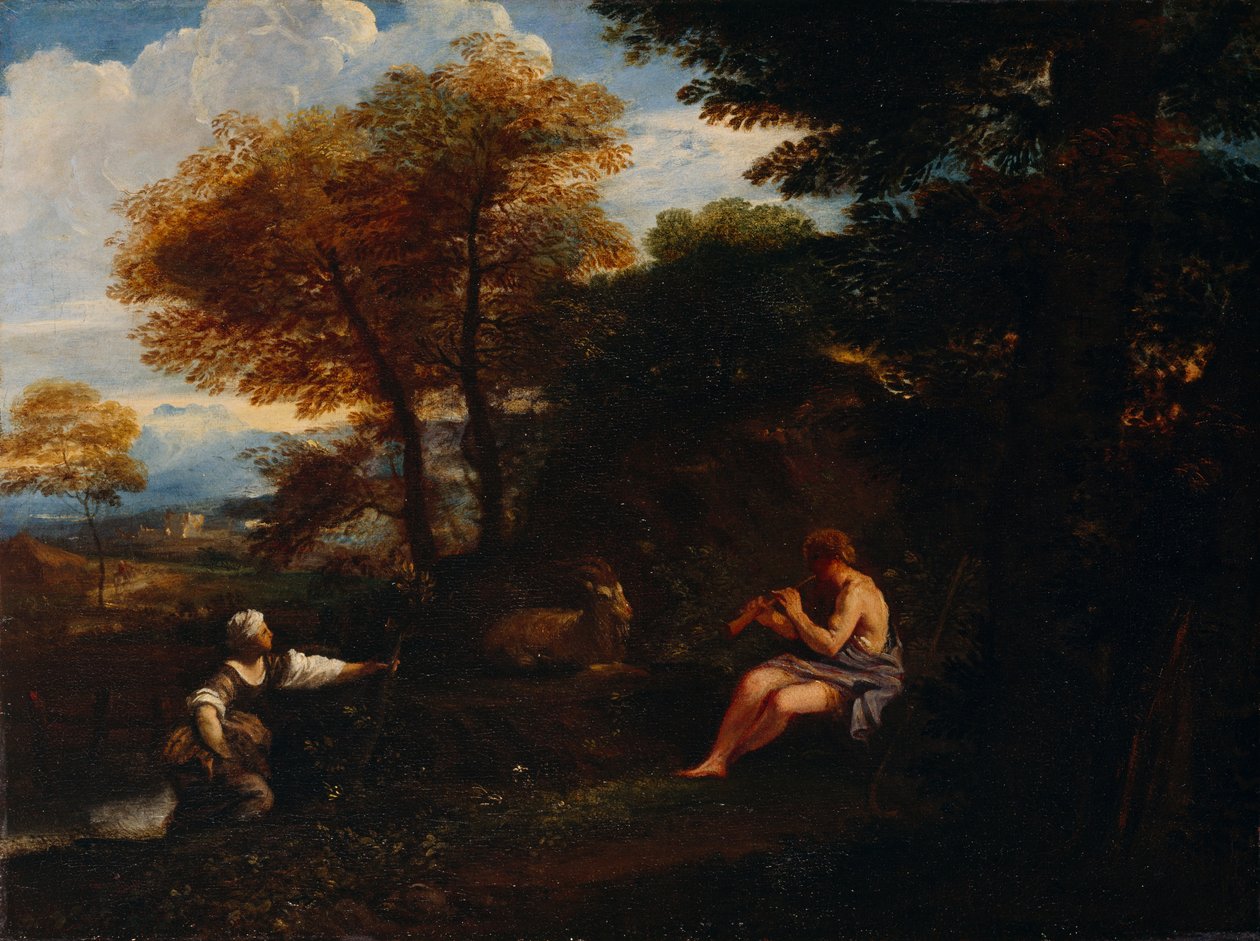 Paisagem com um Pastor e Pastora (óleo sobre tela) de Pier Francesco Mola