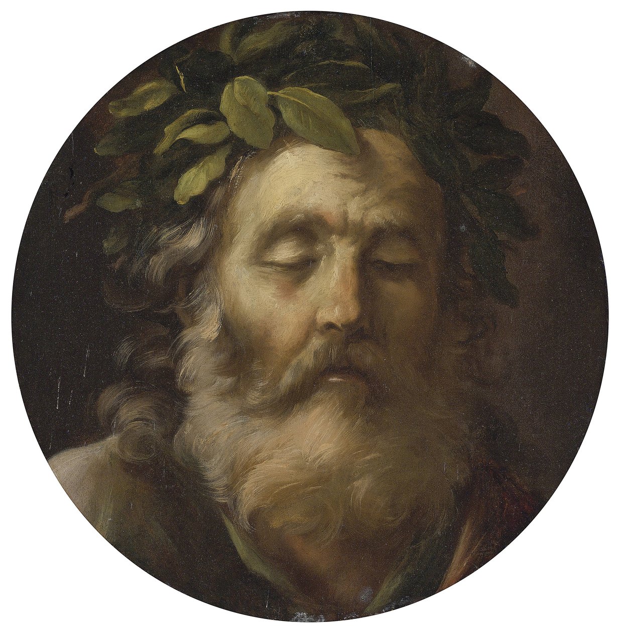 Retrato do poeta Homero par Mola, Pier Francesco (1612-1666). Óleo sobre madeira, tamanho : D 38,7, , Colecção Privada de Pier Francesco Mola