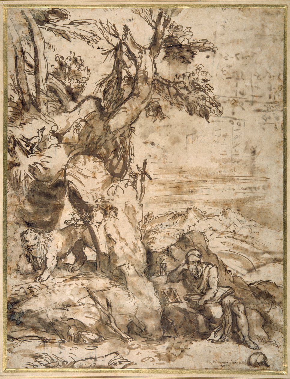 Leitura de São Jerônimo no deserto, depois de Ticiano (c.1488-1576) (caneta de junco e tinta marrom com lavagem marrom em papel creme) de Pier Francesco Mola