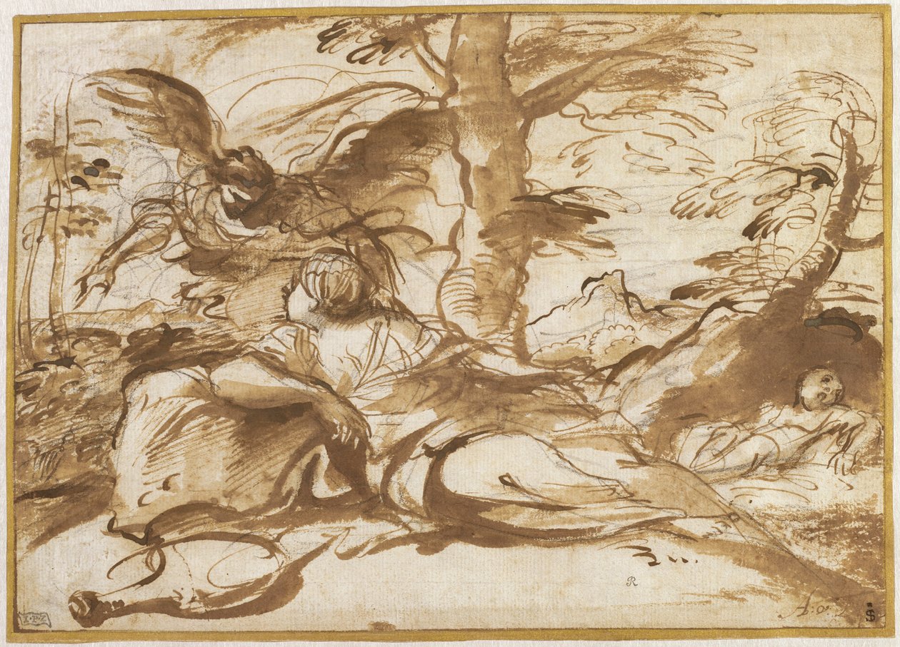 O Anjo Aparecendo a Hagar no Deserto (reto) de Pier Francesco Mola
