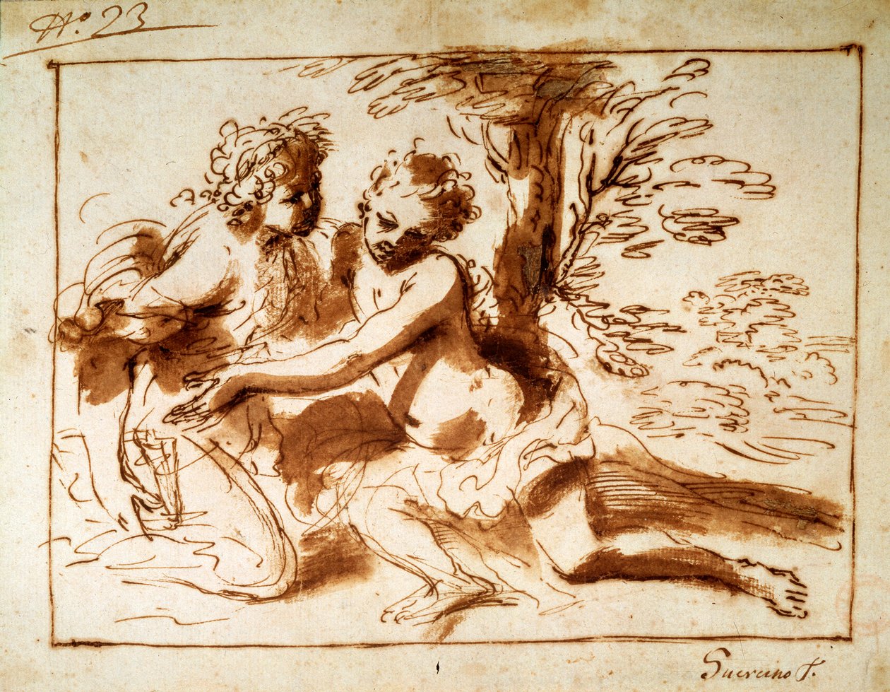 Duas figuras em uma paisagem, século XVII de Pier Francesco Mola