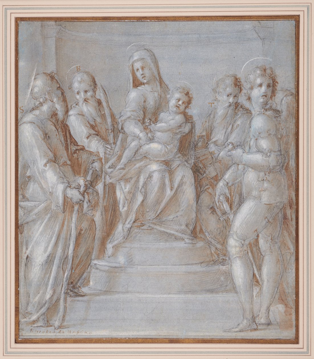 A Virgem e o Menino entronizados com Santos, c.1525 (caneta e tinta castanha e lavagem sobre giz preto) de Pier Francesco & Puligo Domenico (1492 1527) Foschi