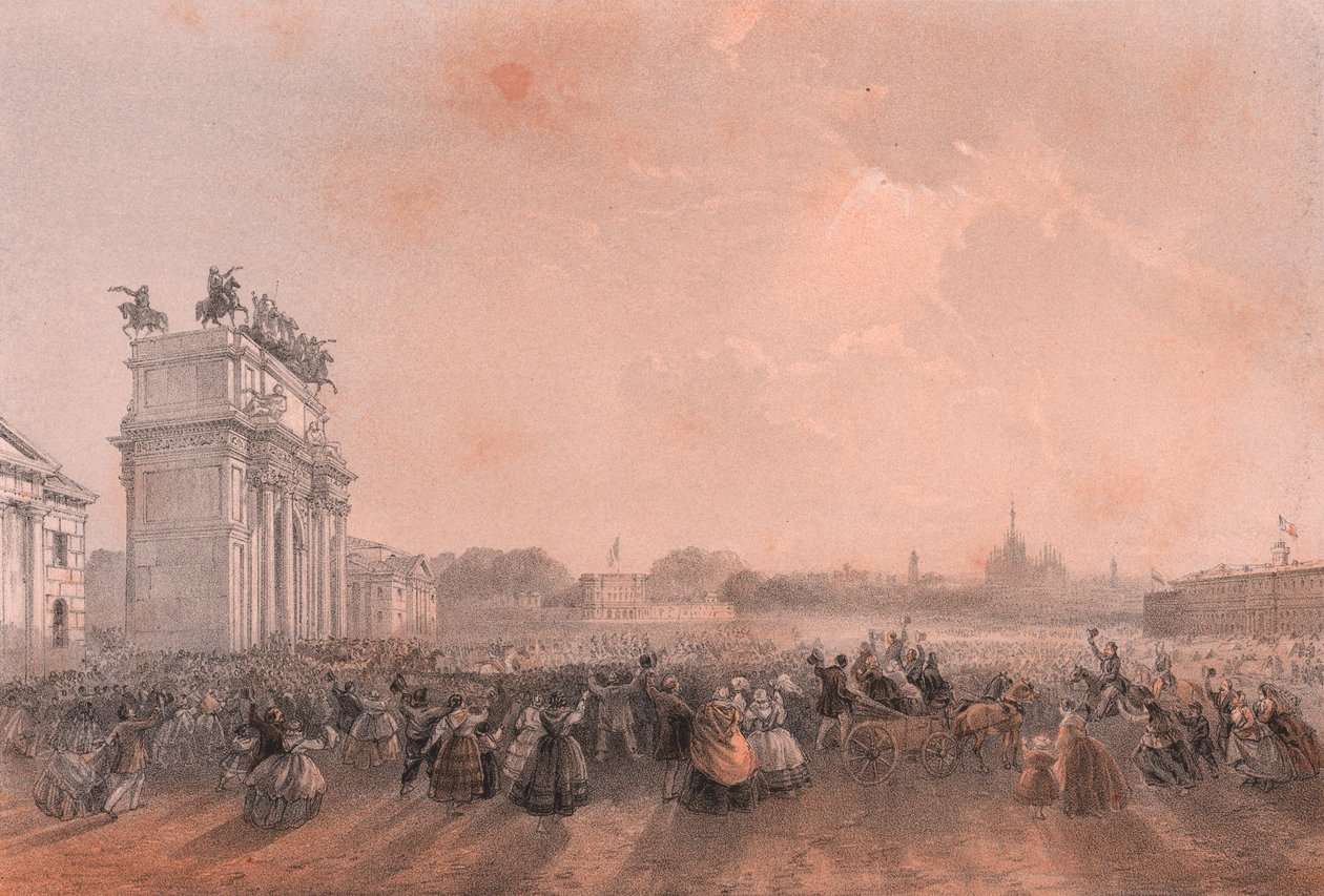 Entrada de Vittorio Emanuele II e Napoleão II em Milão, Lombardia de Blaise Nicolas Le Sueur