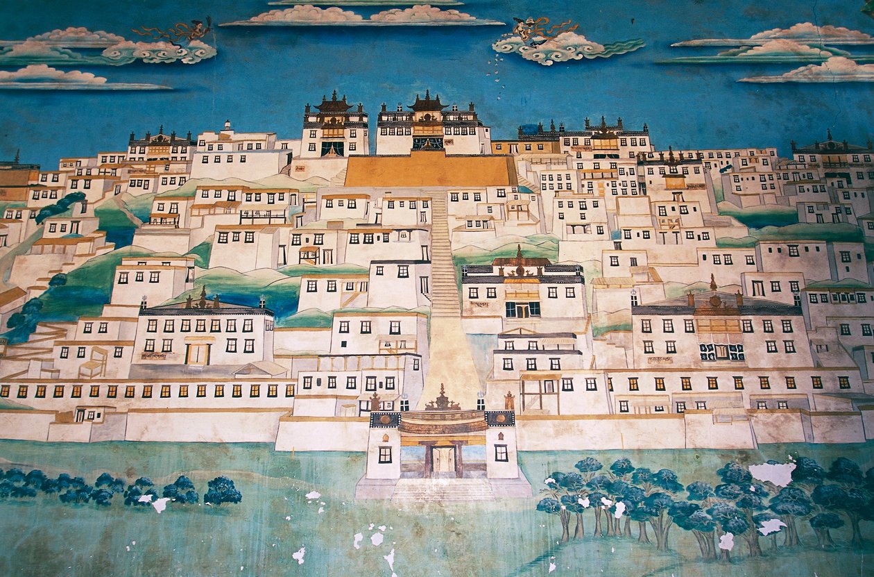 Fresco representando a cidade no Mosteiro Ganden Sumtsenling (gompa), Zhongdian (em Tibetan Gyalthang, renomeado em 2001 para Shangri-La pelo governo chinês para promover o turismo nesta área do planalto tibetano), Província de Yunnan, China de Blaise Nicolas Le Sueur