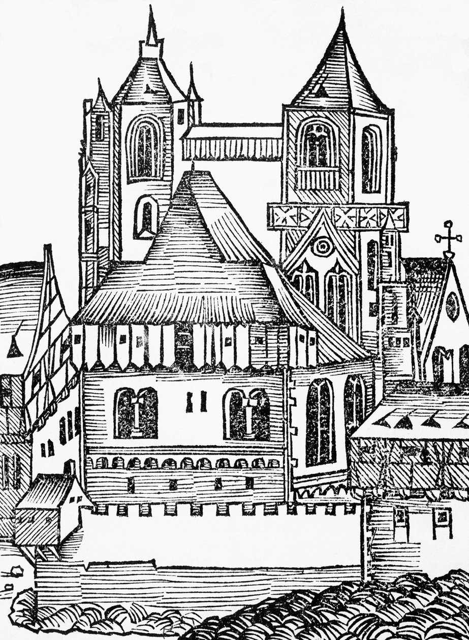 Abadia de Montecassino, talha alemã, de Nuremberga Chronicle (Liber Chronicarum) de Hartmann Schedel de Blaise Nicolas Le Sueur