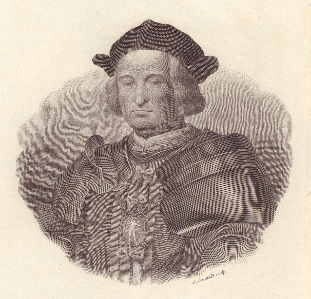 Retrato do líder militar e político italiano Gian Giacomo Trivulzio (1440-1518), gravura em cobre da Locatelli de Blaise Nicolas Le Sueur