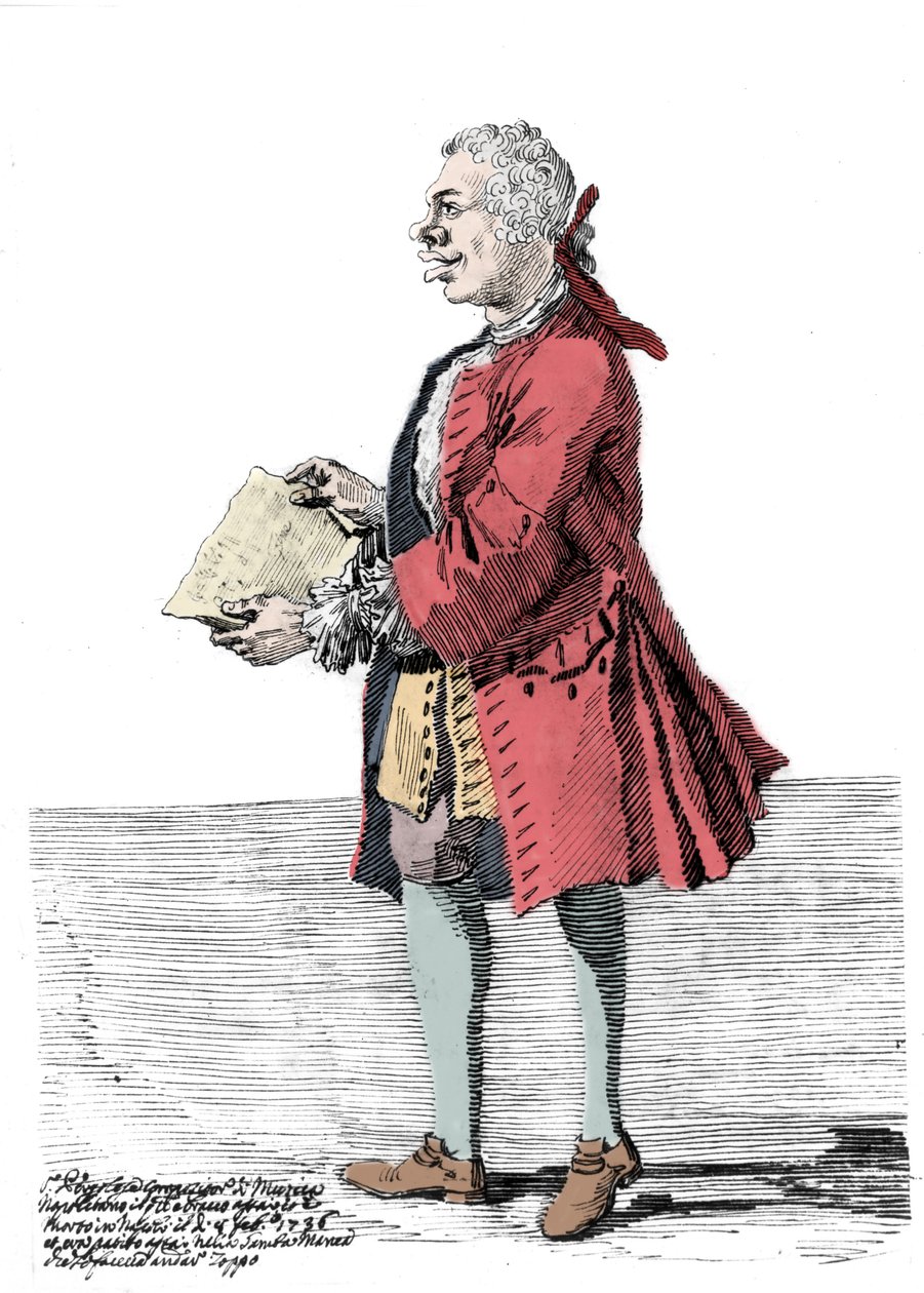 Desenho animado de Giovanni Battista Pergolesi (Jean Baptiste Pergolese, Jean-Baptiste) (1710 - 1736). Desenho de Pier Leone Ghezzi (1674 - 1755) que relata que o compositor sofria de uma deficiência em uma perna e era coxo. 1736. de Pier Leone Ghezzi