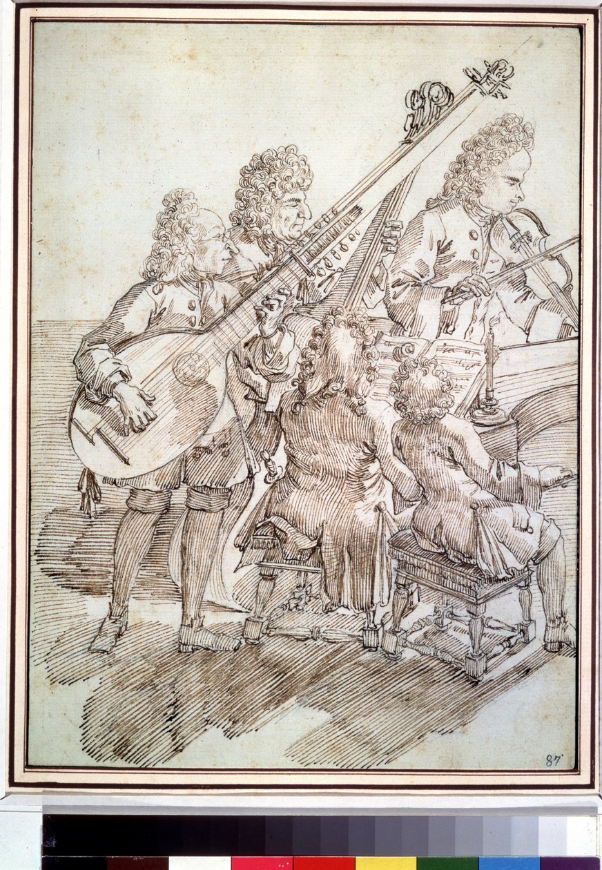 "Caricatura representando um concerto de cinco músicos (quinteto) com alaúde, violino, piano, violoncelo. Caneta e desenho a tinta por Pier Leone Ghezzi (1674-1755) Museu Pushkin do século XVIII, Moscovo de Pier Leone Ghezzi