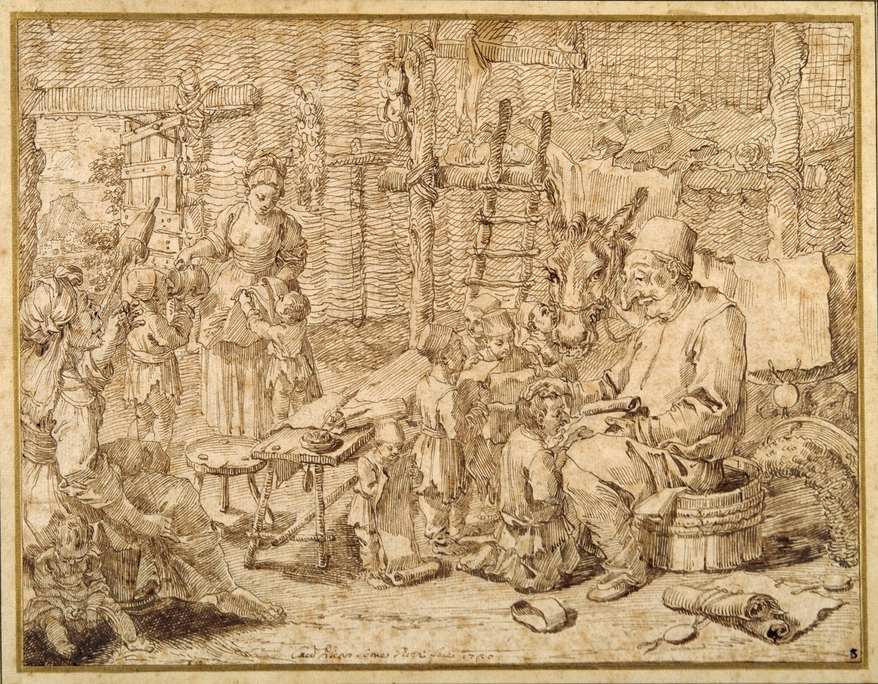 Polcinello mantém a escola em um celeiro (caneta e tinta sobre papel) de Pier Leone Ghezzi