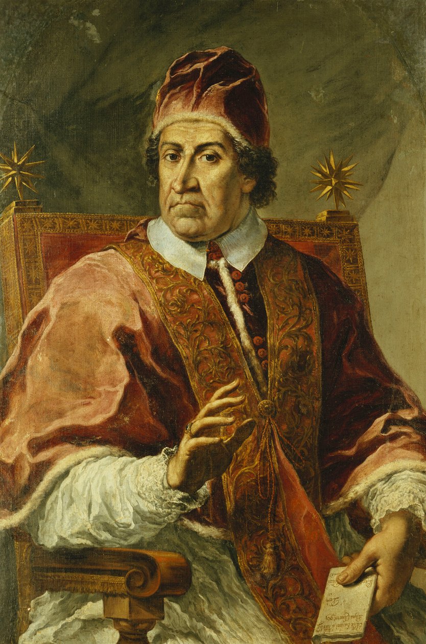Retrato do Papa Clemente XI, sentado meio comprimento, vestindo mantos papais, segurando uma carta, de Pier Leone Ghezzi
