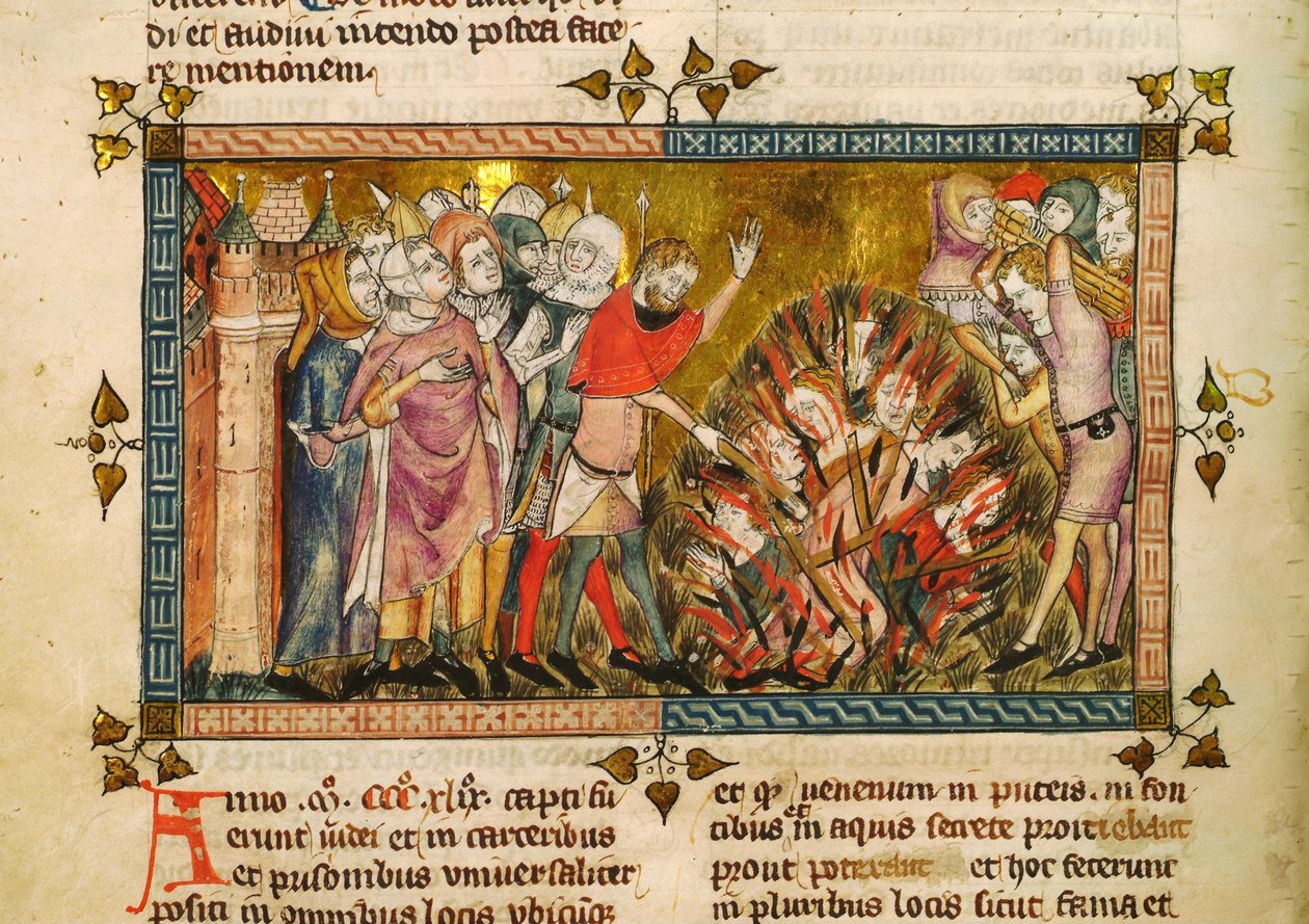 Queima dos judeus em 1349. Miniatura de: Tractatus quartus de Gilles de Muisit, ca 1353. de Pierart dou Tielt