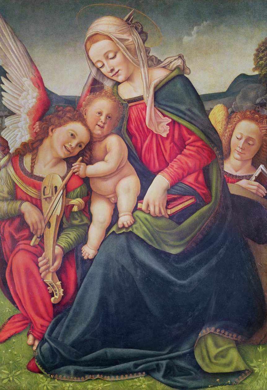 Virgem e criança e anjo músicos (óleo sobre madeira) de Piero di Cosimo
