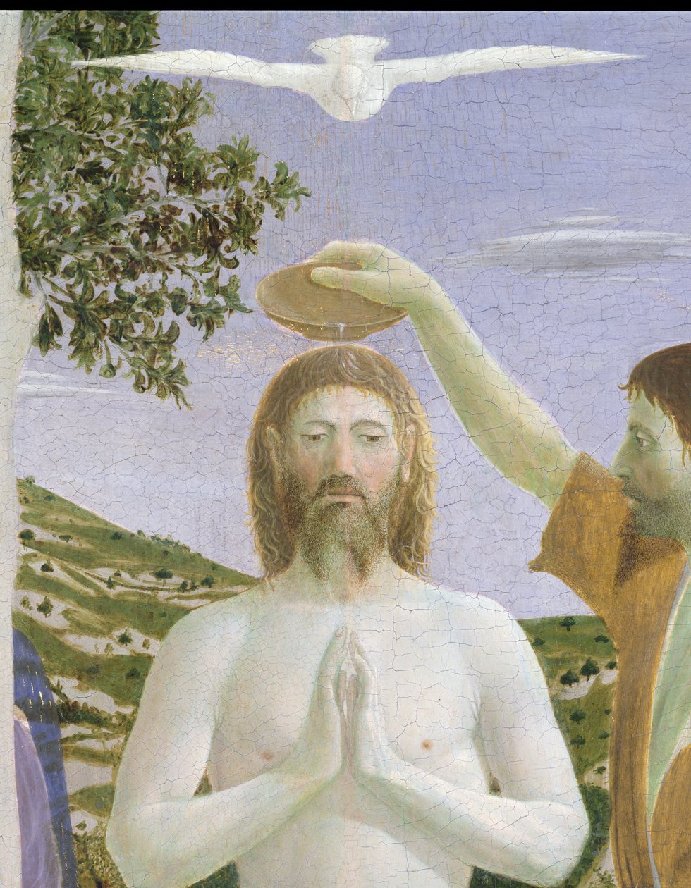 Batismo de Cristo, 1450 têmpera de ovo no detalhe do painel de 26050 de Piero della Francesca